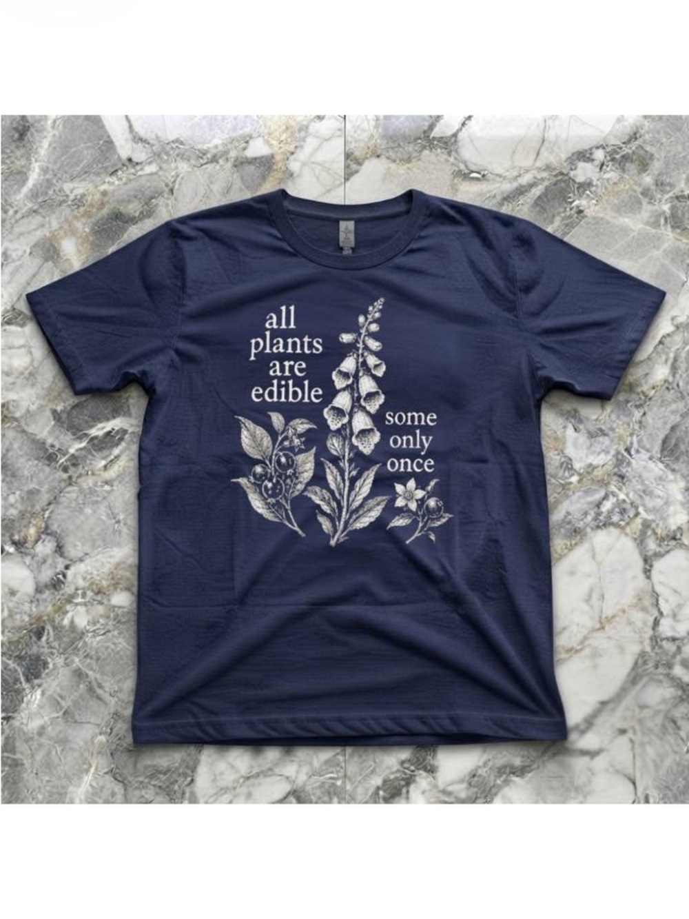 Navy Short-Sleeve Graphic Tee with Cream Botanical Print